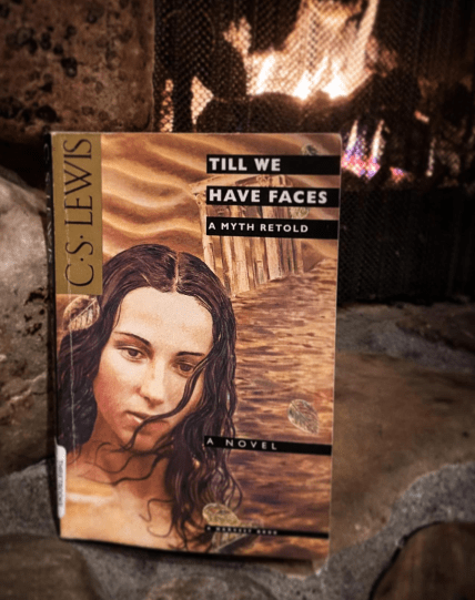 Book in front of fireplace