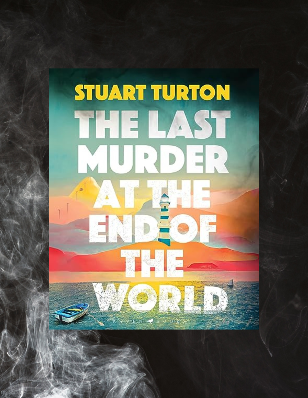 Book cover on a black backdrop with white smoke