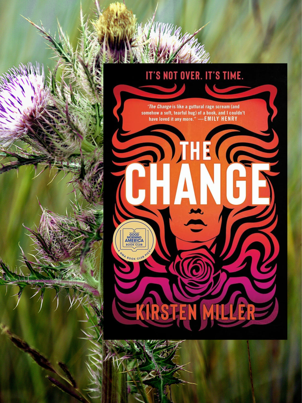 Book cover in front of photo of thorny purple flower